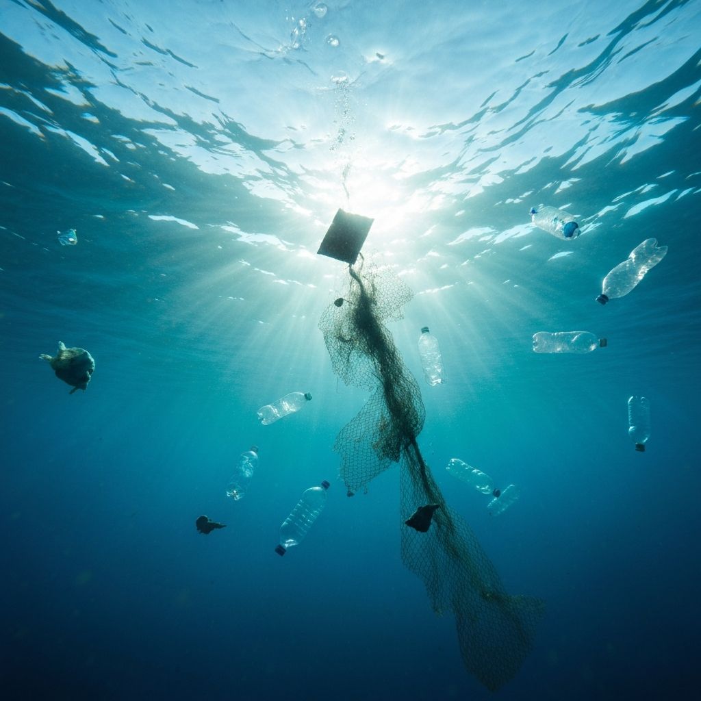 Underwater view highlighting marine plastic pollution